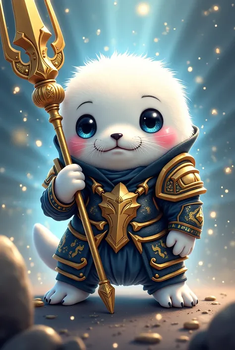 A cute mini white seal wrapped in sparkling light and wearing black gold-patterned armor, holding a spear.  fantasy.  anime character.