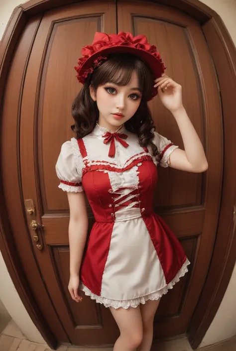 (( top quality)), (( Masterpiece、  top quality、  masterpiece、High sensitivity、  nothing 、  front door depicting a delicate face、Give a girl a fellatio )),　 Slender Woman、glass、  There is a woman in a red and white dress and hat 、Lolita fashion、 Detailed de...