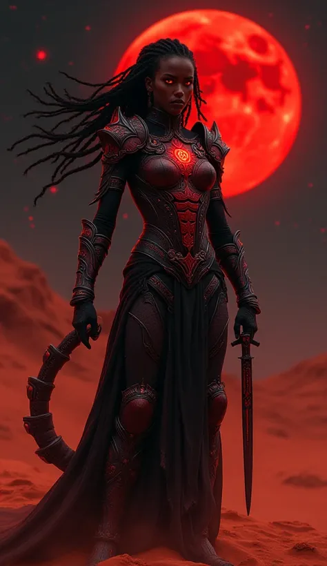 A fierce and enigmatic dark skinned female warrior embodying the Scorpio zodiac, standing in a dark mystical desert under a blood-red moon. Her armor is sleek, form-fitting, and adorned with intricate black and crimson scorpion motifs, giving her an aura o...