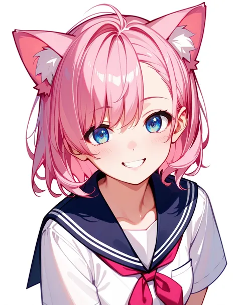    high image quality  、          high quality        、          girl with Cat ears       、           pink hair       、   pastel pink interior  、Pink Ears  、    medium hair     、  Rob      、    Her hair is pastel pink 、  blue eye   、  short、         Tiny B...