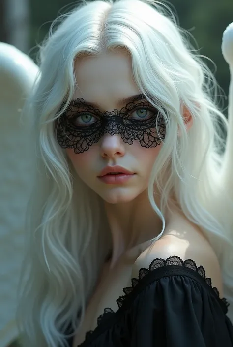 Angel entangling her eyes with lace，If it was white long hair，As well as a long black skirt