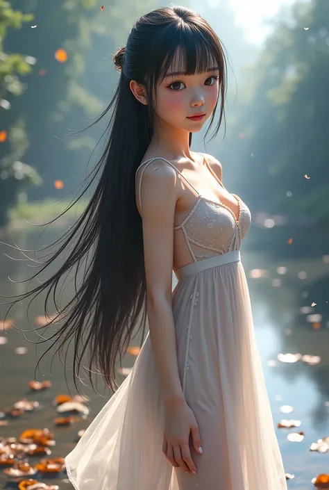 3d image , 16k, 32K, Beautiful Asian girl standing  ,ผมดำ,  Very Long Hair , Extra-long hair 2m, His long flowing hair , My hair is spread out,Hair floated in the wind , rain, rain, rainตกหนักมาก,  in a thin white dress, transparent, colorful, With a graph...