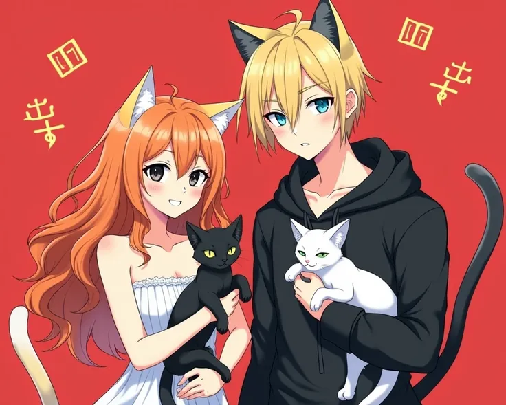 Generate a portrait with two characters.

An anime woman with feminine face, long curly ginger hair and wide black eyes, cat ears and tail, wearing a white dress and holding a black cat with green eyes

An anime man with masculine, sharp features. Sharp, s...