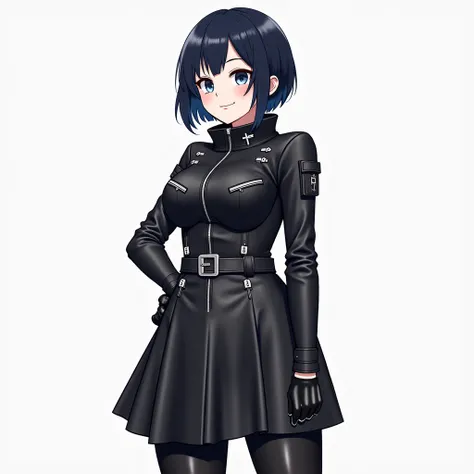 "   Full body female anime-style character with short black hair with dark blue tips,    matching your dark blue eyes   .    You have a curvaceous figure with large breasts   . The outfit consists of   :

   a tight black leather jacket  ,   equipped with ...