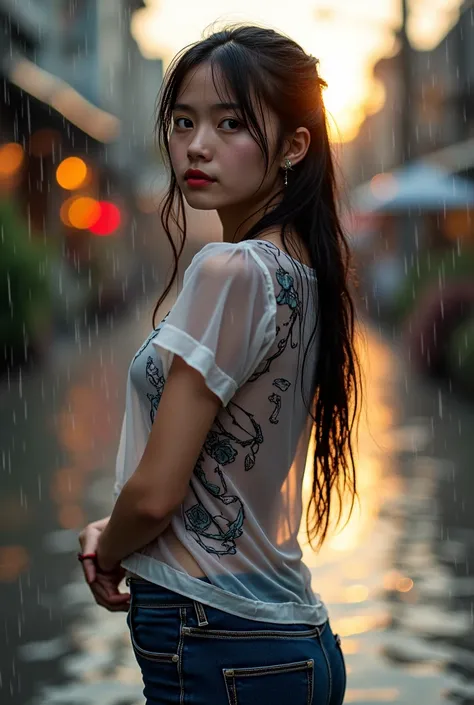  High Quality Photos  , 3D 8K,  ถ่ายด้วยThe camera คุณภาพสูงที่สุด , The camera , Fuji Camera , ,  using the highest quality and most fashionable film. ,ภาพและสีที่ Realistic , A round faced Asian girl , Got a Yakuza tattoo ,In a set of thin transparent T-...