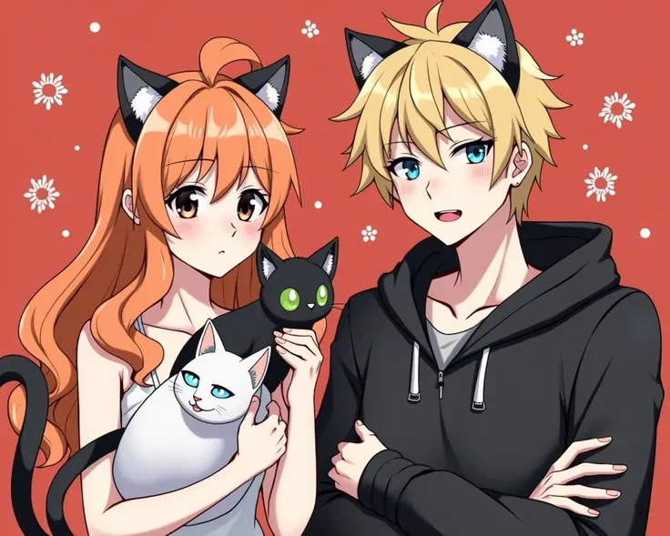 Generate a portrait with two characters.

An anime woman with feminine face, long curly ginger hair and wide black eyes, cat ears and tail, wearing a white dress and holding a black cat with green eyes

An anime man with masculine, sharp features. Sharp, s...