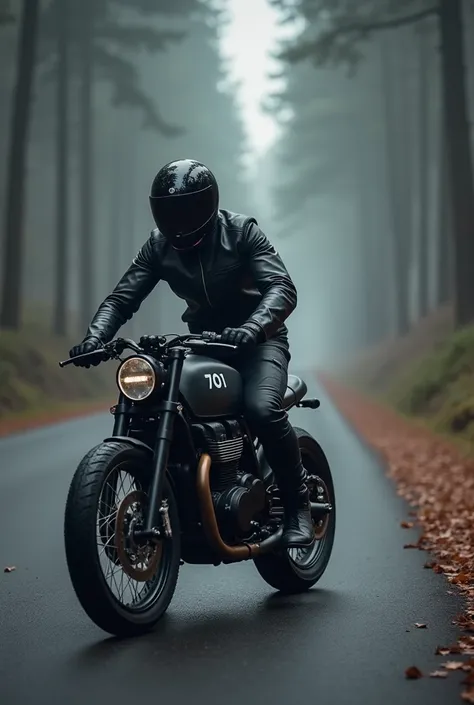 A motorcyclist wearing full black gear, including a leather jacket, gloves, pants, and boots, rides a modern black cafe racer-style motorcycle down a misty, tree-lined road. The rider's helmet is glossy black with a dark visor, reflecting the ambient light...