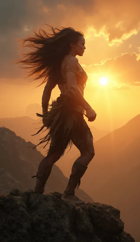 **"A full-body, high-motion realistic cinematic image (((facing the camera))) of a 2 meter tall, prehistoric woman warrior exercising on a mountaintop at sunset, [[with furious winds blowing her hair wildly]]. Her pose reflects enormous strength and indomi...