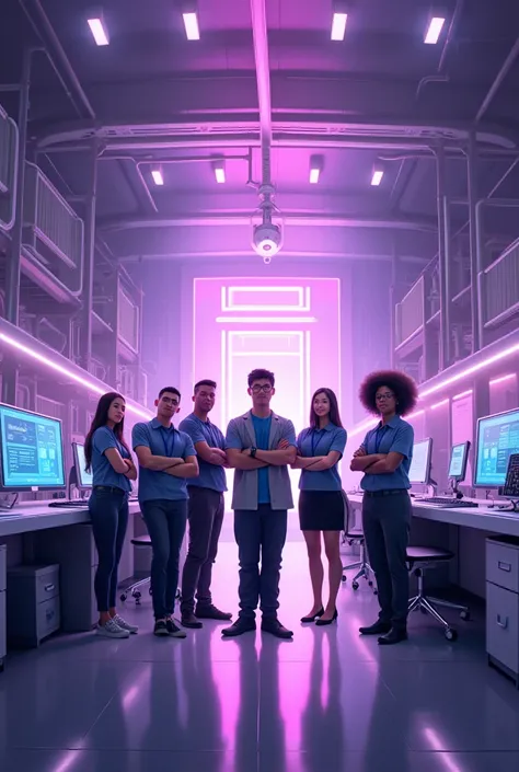 Born to solve, built to last. Welcome to Lé Flo – where automation meets ingenuity. Purple theme  inclusive and 5 diverse people #EngineeringExcellence”