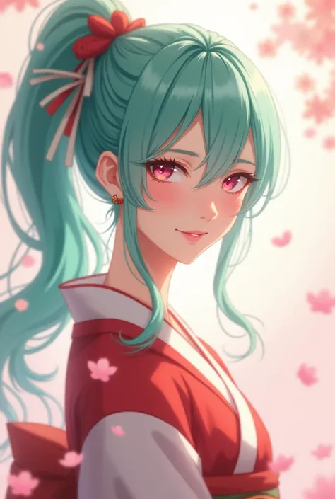 Women's mint-colored hair, long ponytail, Japanese-style hair ornaments, red and white kimono dress, smiling, petals dancing, eye color is pink 