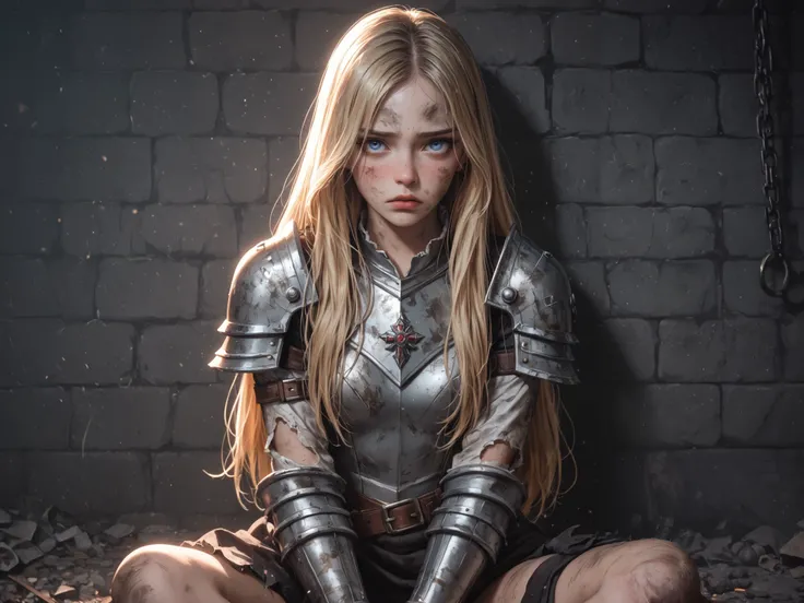 Medium shot of a girl, 1girl, Prisoner, dirty, torn, astsuit, armor, blonde, long hair, (blue eye), sadness, fear, pouting expression, sad eyes, sitting, (dark dungeon background:1.4), (dark lighting), 1girl, blush on cheeks and nose, small breast, toned a...