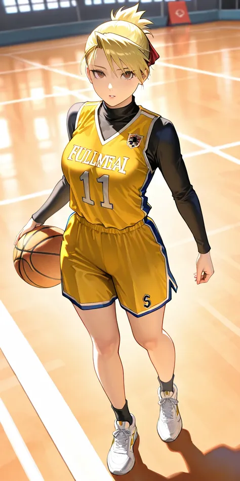 Masterpiece, newest, vibrant, very aesthetic, high contrast, mature woman, riza hawkeye, high ponytail short hair, yellow basketball thight team uniform, yellow basketball team short pants uniform, white sneakers, medium breast, full body, parted lips, bas...