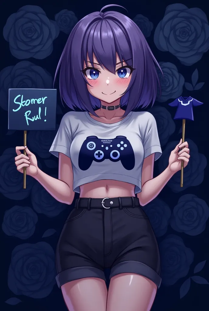 A deep, almost midnight blue backdrop filled with subtle, darker blue roses. They're not overly detailed, more like a textured pattern that adds depth without being distracting. Dark purple hair light blue eyes,crop top with a design of a gaming controller...