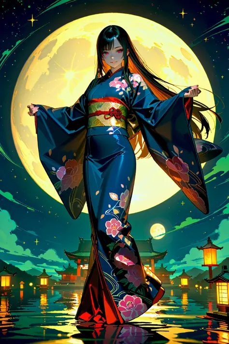 In high quality, Hokusai manga 、 one woman, Ukiyo-e woman   , Long straight hair,  beautiful shiny hair  ,  Long Sleeve, Detailed eyes and face , Eye Enhancement, Never resting , Rich lighting, High definition unified CG 8K wallpaper ,  intricate details, ...