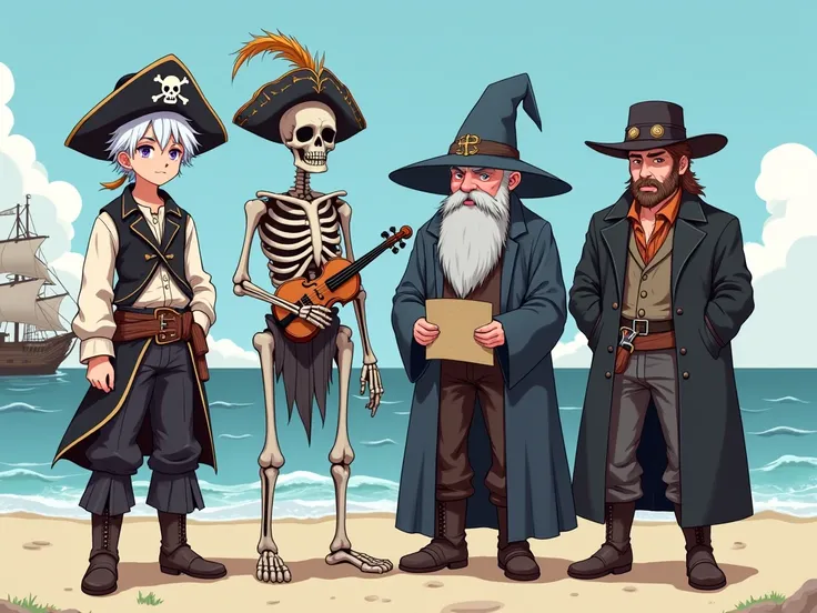 An anime-style drawing of four characters. 1st: A white haired teenage boy with purple eyes wearing a pirate outfit and hat. 2nd: A skeleton wearing a feathered hat and silk shirt carrying a violin. 3rd: A short old stocky gray-haired dwarf wizard wearing ...