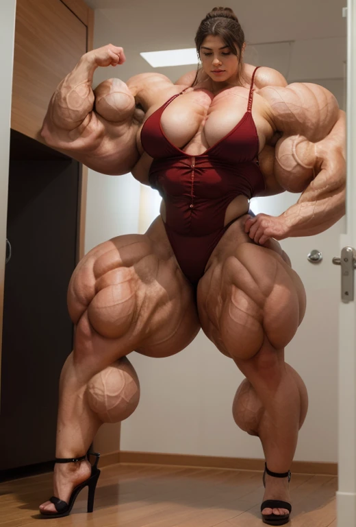 Big girl elemenrary school, bodybuilder flex, dressing lingerie in high heels, she is comparing her muscles with another girl. Double biceps pose.
Full body picture