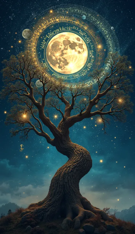 A tree out of this world,  The trunk of the tree is thick and curved  . Luminous lines of energy run across its surface .

 instead of branches and leaves ,  at the top of the tree a large swirl of energy forms that revolves from the center outwards  , wit...