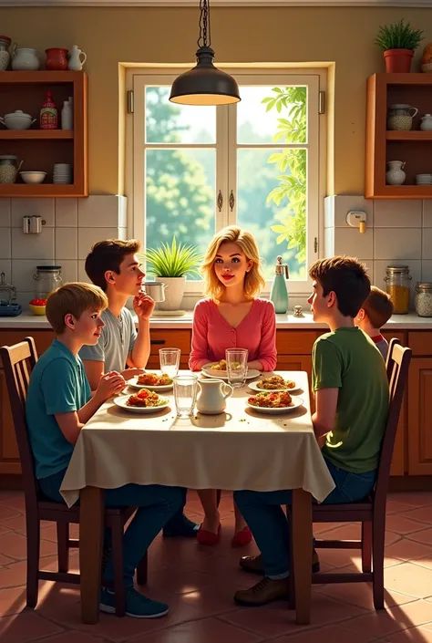 a woman with German features having dinner with her family at a table in the kitchen