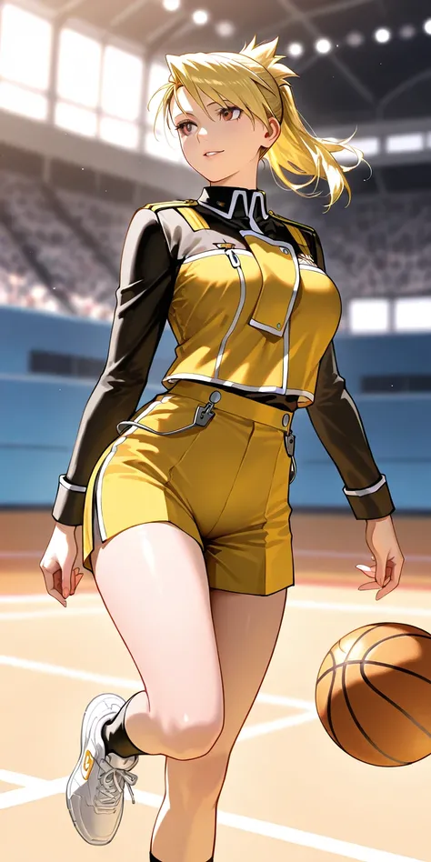 Masterpiece, newest, vibrant, very aesthetic, high contrast, mature woman, riza hawkeye, high ponytail short hair, yellow basketball thight uniform, yellow basketball short pants uniform, white sneakers, medium breast, full body, parted lips, smile, basket...