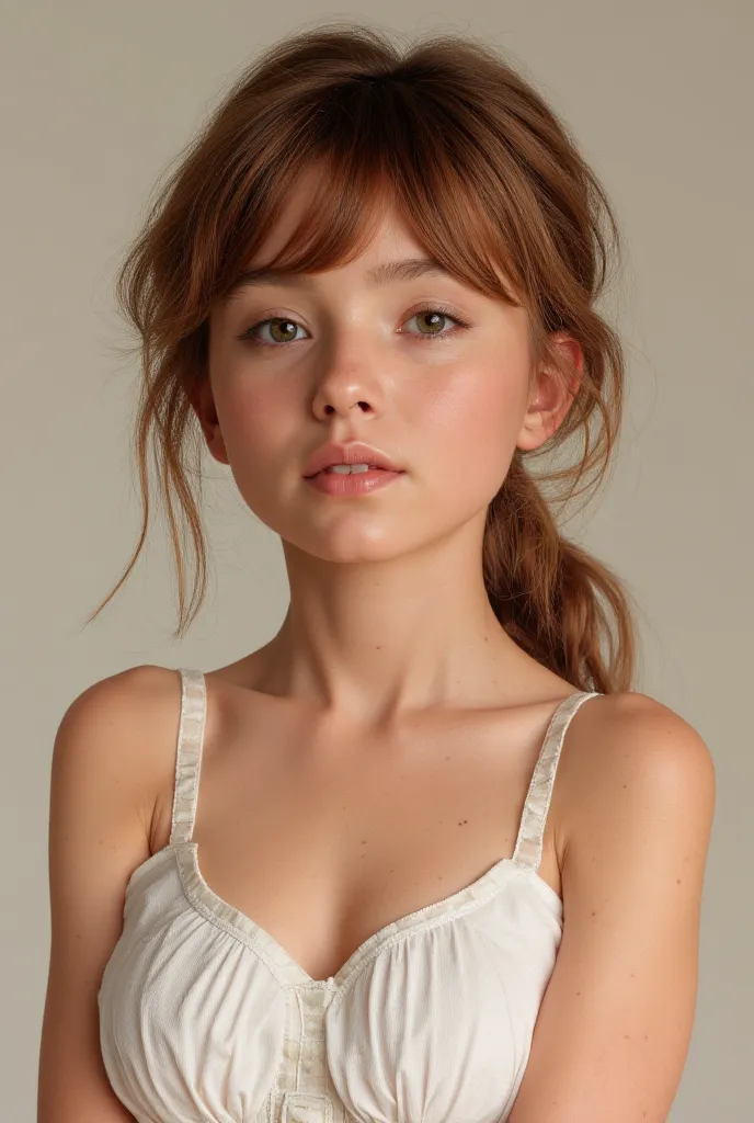 8k,  high quality, Texture de peau réelle, An innocent American girl,  full body ,  god of the sun , Peau Lumineuse,  round face, Chubby cheek,  detailed green eyes , Honey brown hair ,  full and elegant lips,  wears a white dress 