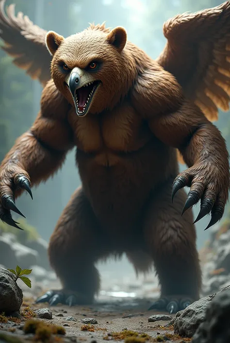 A bear in Attack position on two legs with the face of and owl