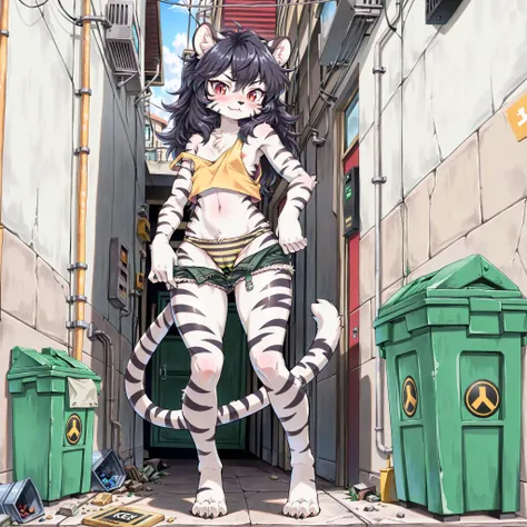 (furry, kemomo:1.5), solo, alone, detailed white tiger girl, detailed wild and unkempt hair, long black hair, detailed face, detailed animal nose, detailed cat ears, detailed cat eyes, crimson eyes, detailed slit pupils, blushing, teasing, tall stature, de...