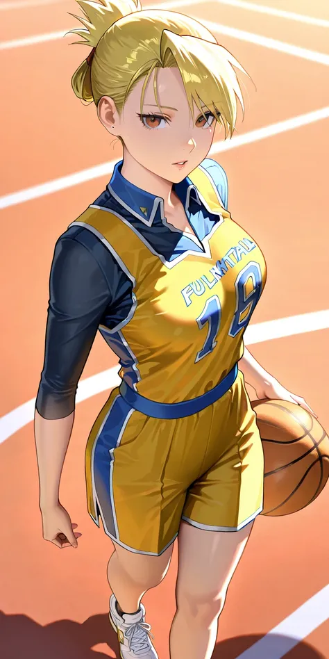 Masterpiece, newest, vibrant, very aesthetic, high contrast, mature woman, riza hawkeye, high ponytail short hair, yellow basketball team thight uniform, yellow basketball team short pants uniform, white sneakers, medium breast, full body, parted lips, bas...