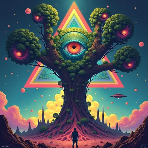 Create a tree with the most psychedelic eye of Orus with a triangle in the back and with some psychedelic balls and with a person below looking down from behind another alien spaceship passing by 