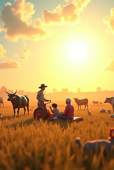 A 3D Pixar-style scene

of a farmer plowing his field with oxen under a bright sun. His wife is feeding chickens, and ren are playing nearby. The elderly couple is sitting on a traditional village cot, watching. The farm has cows, buffaloes, goats, sheep, ...