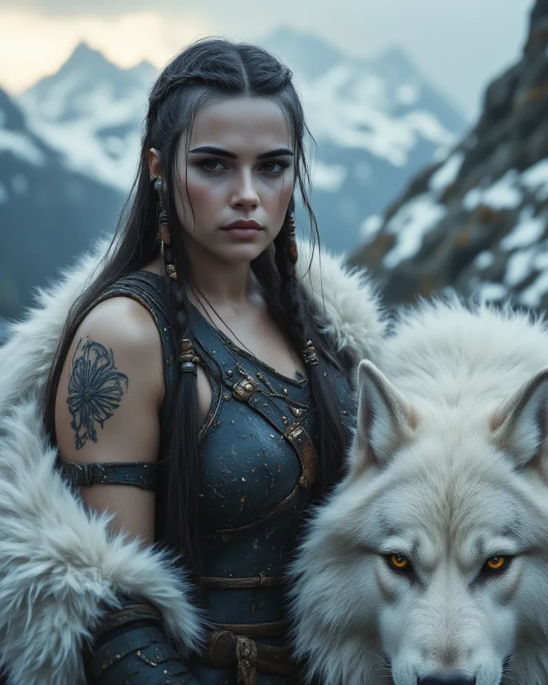 Curvy Viking warrior with long, straight black hair, side braids adorned with bone beads, dark leather underwear with metallic detailing and white fur over her shoulders. Runic tattoos run down her arms and thighs, a defiant and powerful gaze. At his side,...