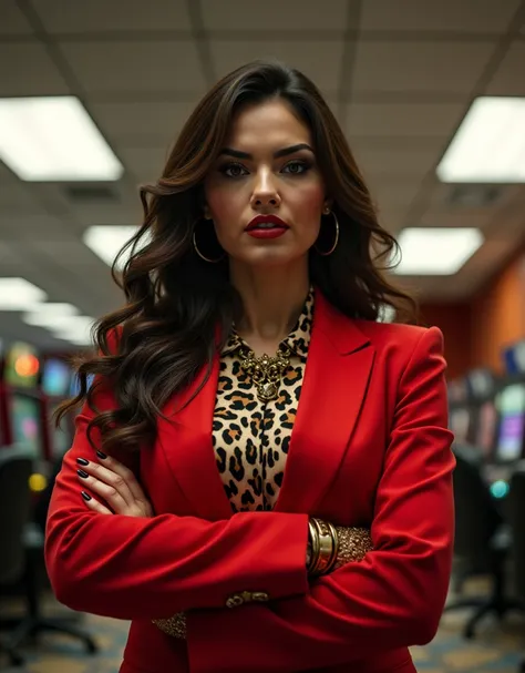 In a bright, fluorescent-lighted, impersonal casino with unpaid protection fees, before opening time in the daytime, with no customers and only non-functioning gaming machines, a very beautiful Mexican mafia lady dressed sharply in a flashy leopard-print s...