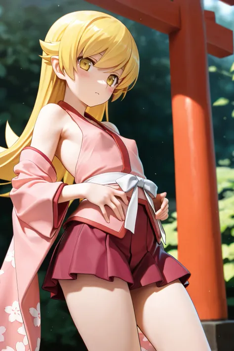 NSFW, Masterpiece, top quality, Hi-Res, very detailed,Shinobu Oshino\( monogatari series\), kimono, kimono,ミニ kimono, miniskirt, sleeveless, detachable sleeves,shrine,torii