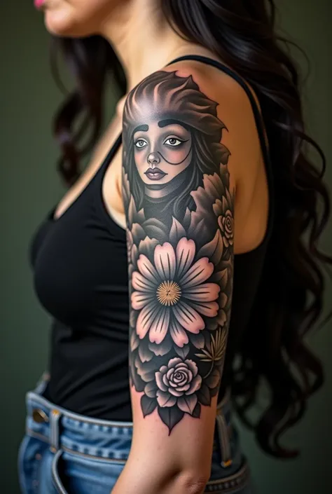 a close up of a woman with a tattoo on her arm, a tattoo by Nándor Katona, instagram, tachisme, marischa becker, lorena avarez, ayahausca, she is about 2 , looks like fabiula nascimento, tattoo sleeve on her right arm