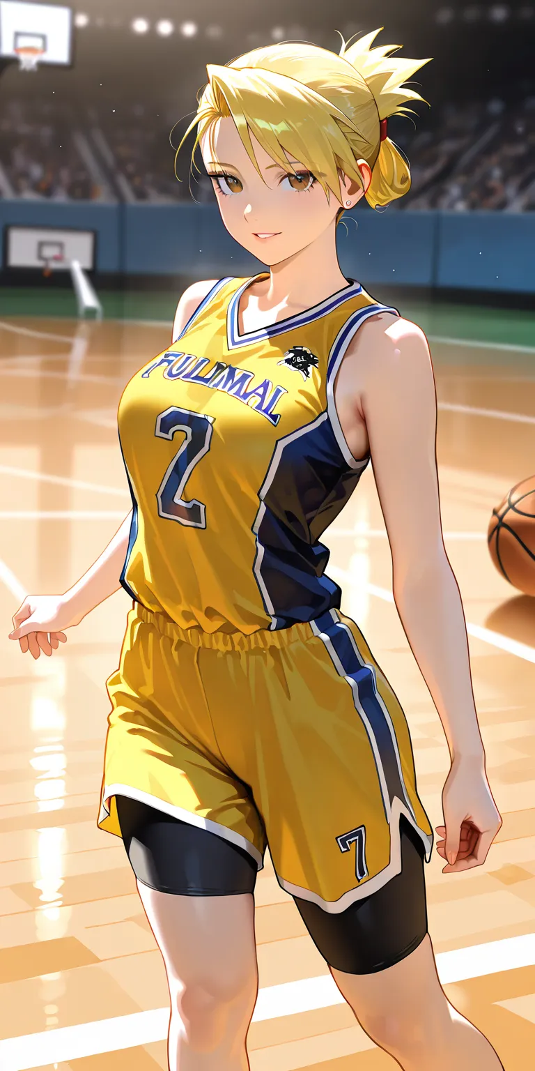 Masterpiece, newest, vibrant, very aesthetic, high contrast, mature woman, riza hawkeye, high ponytail short hair, yellow thight basketball team jersey, yellow thight basketball team short pants, white sneakers, medium breast, full body, parted lips, smile...