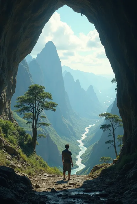 Person inside a cave looking at the horizon with mountains and rivers and flood trees 