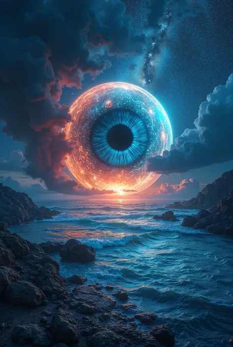 Make a planet with a large eye A breathtaking, high-definition scene capturing a rare natural phenomenon—such as bioluminescent waves glowing under a starry sky, a massive volcanic eruption lighting up the night, or a dramatic supercell storm over an open ...