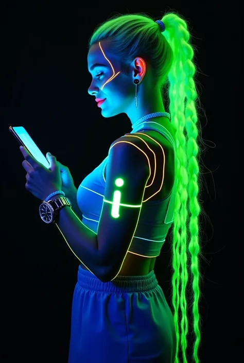 Ukrainian Russian woman, futuristic full body standing image in cyberpunk style of beautiful white blonde Russian woman with phosphorescent neon green braided hair and blue sporty mini skirt with futuristic accessories, illuminated glowing watch, highly de...