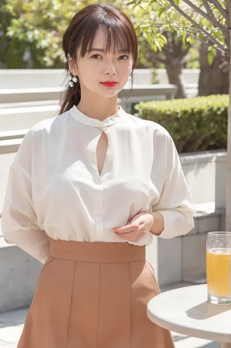   55-year-old Japanese woman ,  Fine wrinkles on the outer corner of the eye,    low ponytail,  red lipstick,   elegant, sexy shirt,   Slit Skirt,   pearl necklace,    under a blue sky , garden, Drink tea ,   table,  Programvia，Photorealism Mode,High resol...