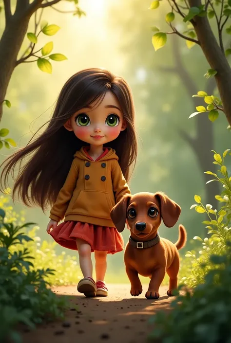 Girl  with long dark brown hair and green eyes together with a dog  brown dachshund 