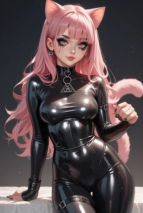 Cute, anime, cat girl, gothic makeup, skintight latex suit, pink hair 