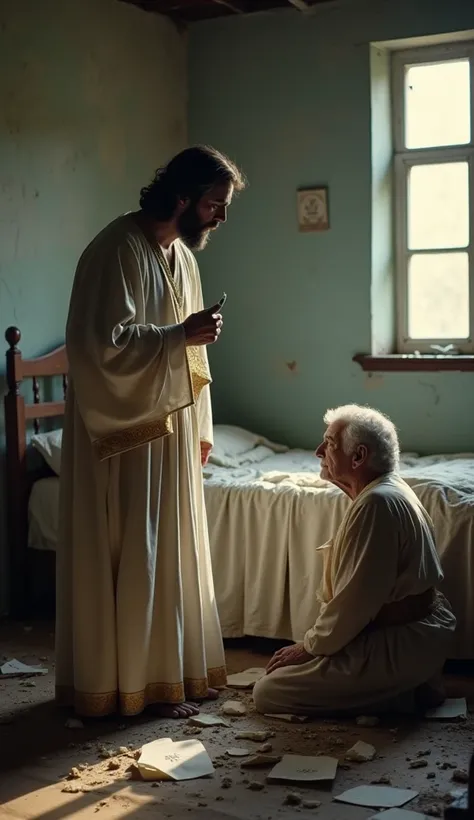 The image depicts a very moving scene. In the center, we have a figure representing Jesus, dressed in a spotless white robe, adorned with gold details around the edges. He is standing with a serious expression, looking at an elderly man in front of him. Th...