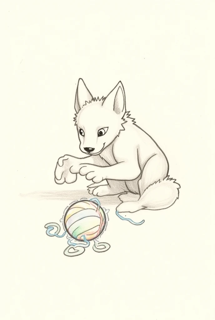 Tattoo sketch where a wolf cub plays with a ball of thread 