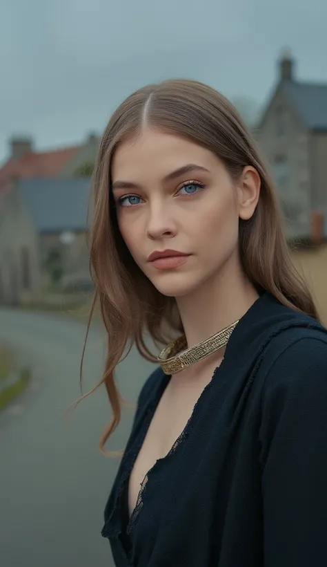 the woman is dressed for the camera, in the style of daria endresen, kris knight, scottish landscapes, medieval scottish village, scottish traditional attire, light navy and dark brown, georg jensen, intense close-ups, matte photo 