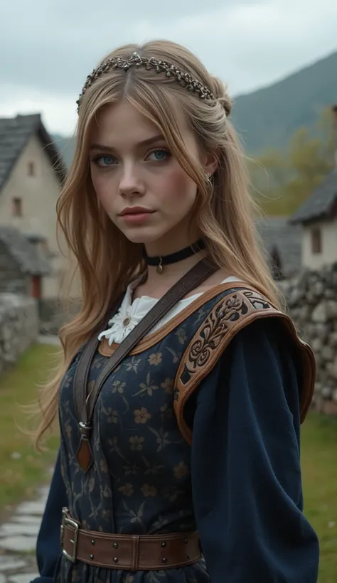 the woman is dressed for the camera, in the style of daria endresen, kris knight, scottish landscapes, medieval scottish village, scottish traditional attire, light navy and dark brown, georg jensen, intense close-ups, matte photo 