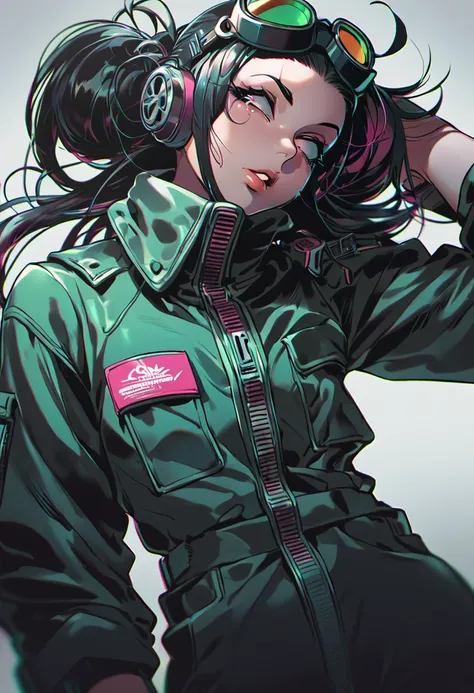 young adult woman. Body: curvy, small breasts. Hair: long, thick, black. Face: sharp chin, pointed nose, narrow eyes, full lips. Clothing: goggles, mechanic jumpsuit, cyber punk