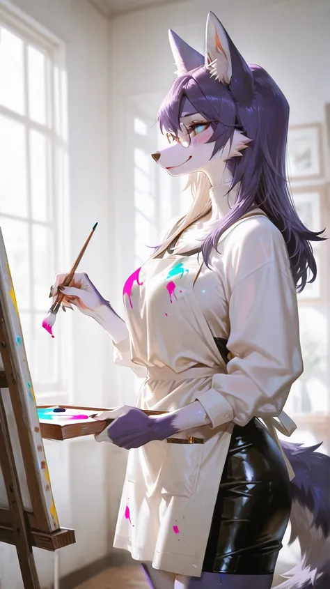 Art studio room, day time, sun shining, window, one female purple wolf furry, furry snout, all spikey hair, medium breast, sexy wolf furry, straight hair, sexy wolf furry, blushing, (light color:1.4)GBF_style、748cmstyle、32K、 is present、Artistic、 profession...