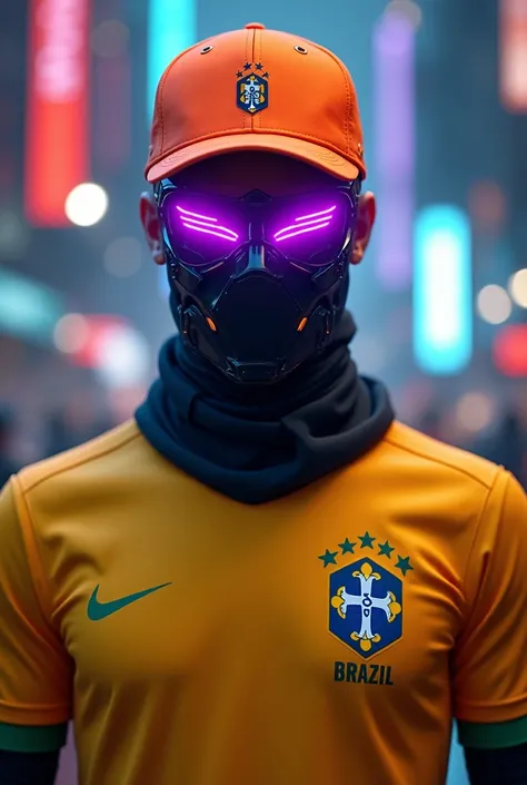 A male character wearing an orange cap with a black mask and purple lights on his eye and wearing a Brazil jersey 