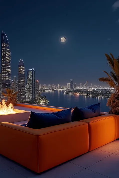 A modern orange three-seater sofa with navy cushions is set on the rooftop of a tall, luxurious hotel in Miami. It's nighttime, and the reflection of the moon on the Miami ocean can be seen from the rooftop in dark night. The hotel is so tall that when you...