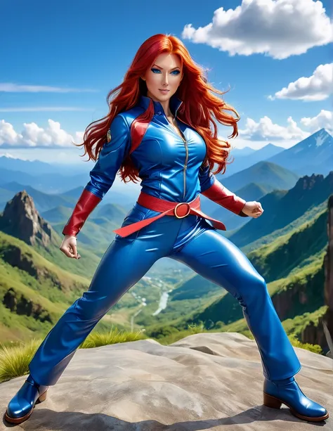 Profesora Sylara Stormblade in an anime style, as a tall, athletic Caucasian woman with long, vivid red hair and bright blue eyes. She is in a dynamic karate kick pose. Her attire includes tight-fitting blue leather pants and leather boots, which accentuat...