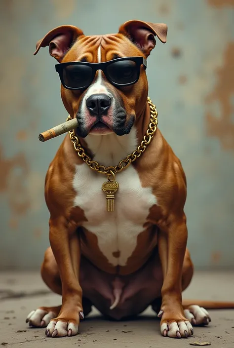 Female Brown and white Pitbull  terriër standing smoking weed wit dark shades n gold chain